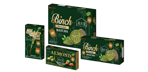 롯데제과에서 출시한 말차 과자인 빼빼로와 빈츠, 아몬드 초코렛이다.