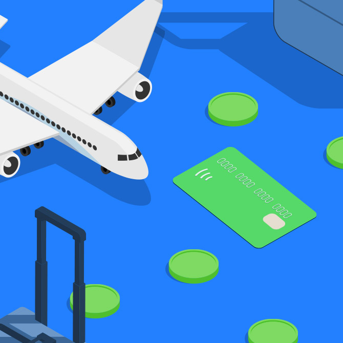 비행기와 마일리지 카드, 여행용 캐리어가 놓여 있다.  마일리지 카드를 사용하면 결제금액에 따라 항공 마일리지를 적립할 수 있다는 내용을 보조한다.