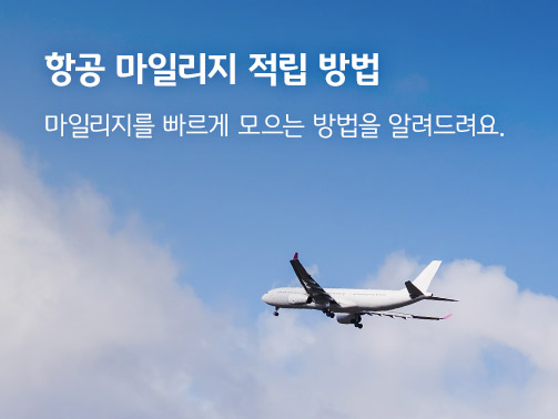 비행기가 하늘을 날고 있다. '항공 마일리지 적립 방법, 마일리지를  빠르게 모으는 방법을 알려드려요.'라는 문구가 왼쪽 상단에 적혀 있다. 