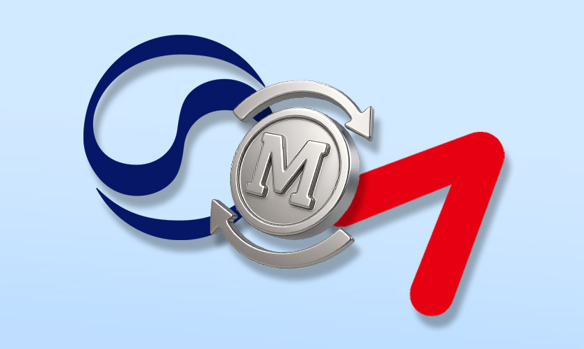 대한항공과 아시아나 로고 위에 마일리지를 뜻하는 'M'이 그려진 동전과 변환을 의미하는 양방향 화살표가 있다.