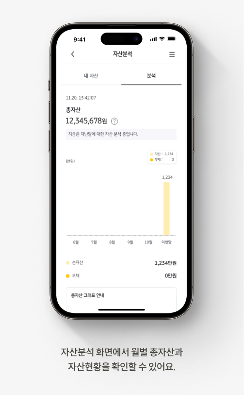 자산분석 화면에서 월별 총자산과  자산현황을 확인할 수 있어요.