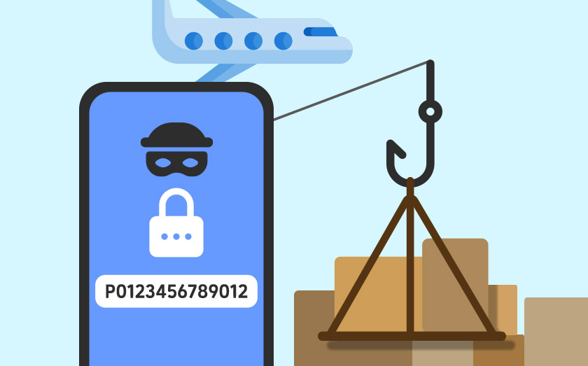 스마트폰 화면에 개인통관고유부호가 표시되고, 옆에는 낚싯바늘에 걸린 택배 상자가 그려진 일러스트로 개인정보 보호와 배송 사기를 경고하는 이미지