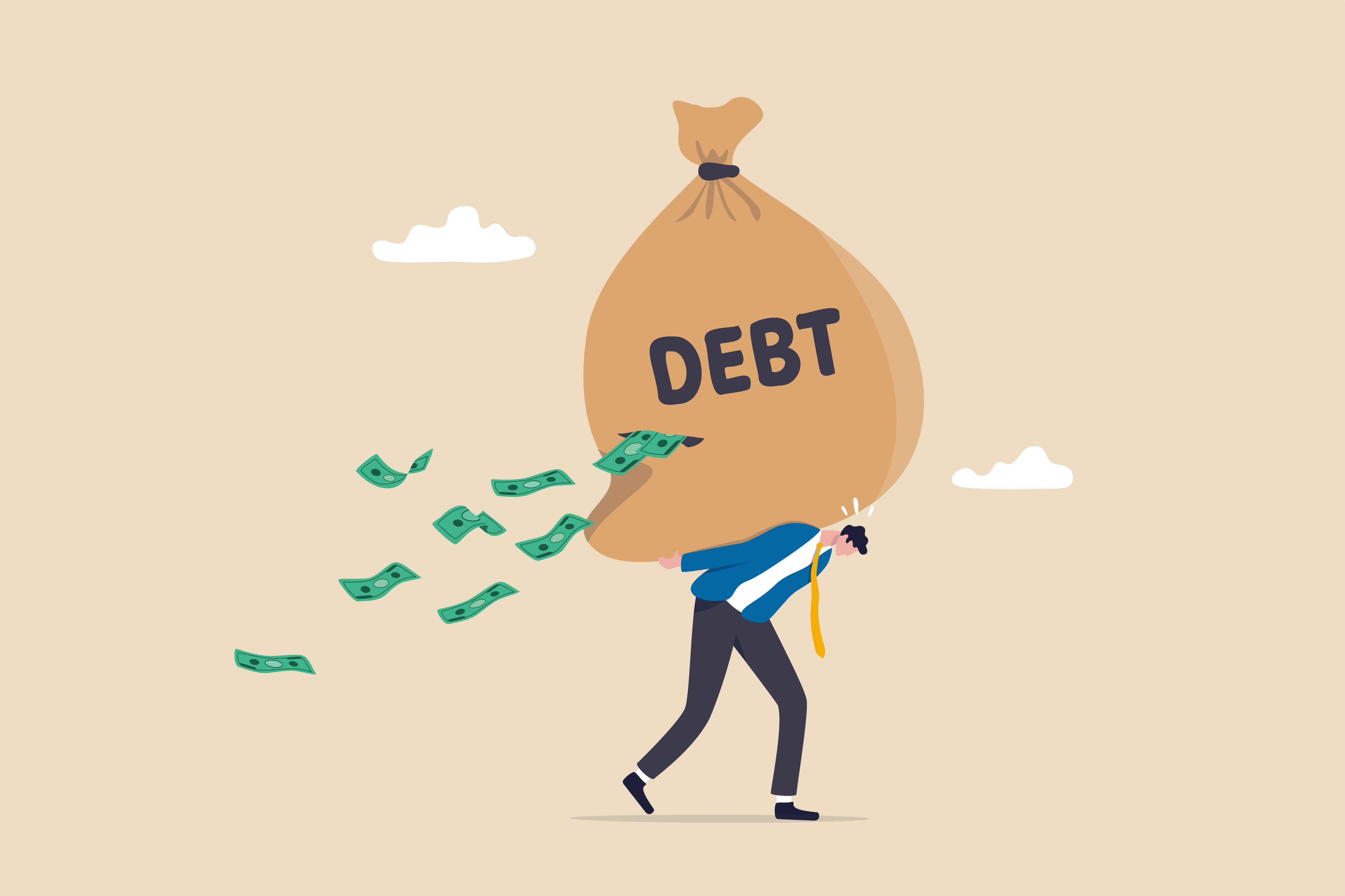  한 남성이 'DEBT'(빚)이라고 쓰인 큰 자루를 등에 지고 힘겹게 걸어가는 모습.  자루 틈새로 지폐가 떨어지고 있다. 개인회생, 개인파산을 상징한다.