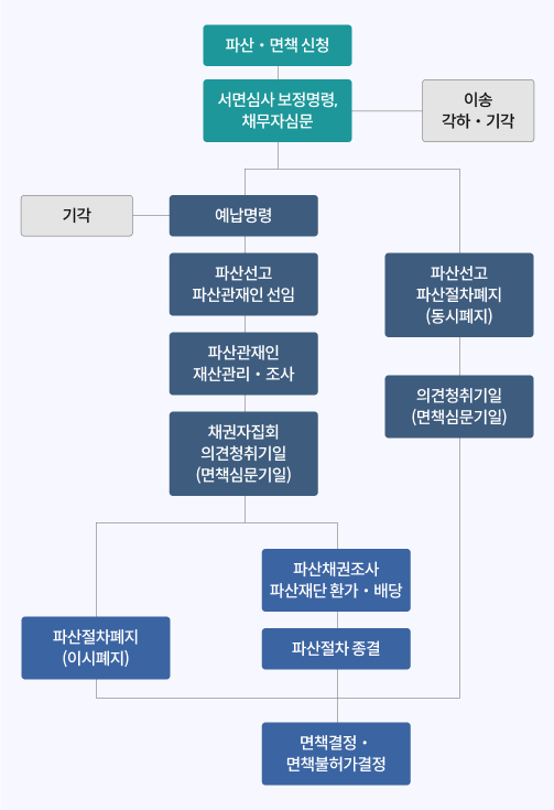 개인파산 절차가 도식화되어 있다. 파산/면책 신청으로 시작해 파산선고를 하고,  환가 및 배당 후 절차 종결, 면책 결정 단계까지 안내되어 있다.