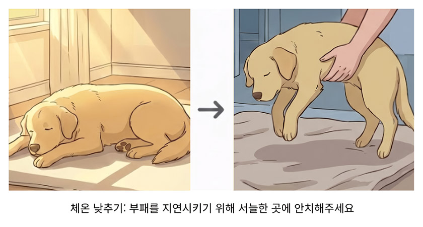햇볕이 들어오는 창가에 엎드려 있는 강아지를 서늘하고 그늘진 곳으로 옮기는 이미지.