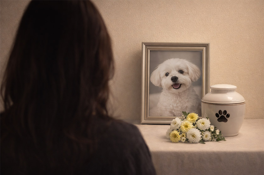 액자 속 말티즈 강아지를 바라보는 사람의 뒷모습. 액자 앞에는 유골함과 국화가 놓여 있다. 반려동물 장례를 상징하는 이미지. 