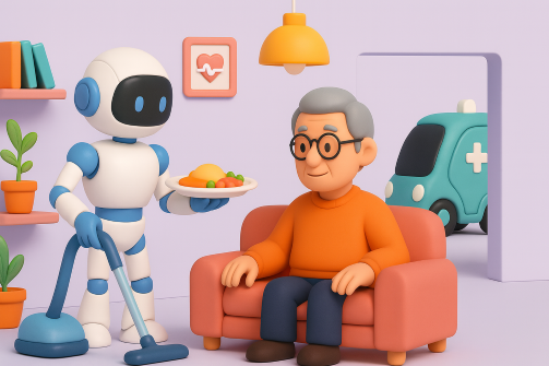 가사 서비스를 제공하는 피지컬 AI가 청소기로 청소를 하는 모습이다.