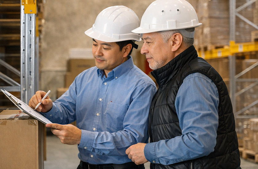 현장에서 헬멧을 쓰고 관련 문서를 살피는 두 남성의 모습. 한 사람은 시니어로 추측된다. 