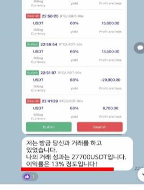 로맨스 스캠 사례 캡처 내용으로, 사기범은 실제 수익이 있는 것처럼 사진을 조작해서 보내기도 한다.