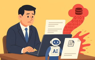 회사원이 노트북을 하고 있고 그 위로 데이터가 빠져나가고 있는 모습이다. ai로 인한 정보유출을 나타낸다.