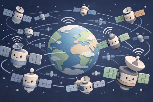 지구 위에 여러 대의 인공위성이 떠돌고 있음을 표현한 이미지다.