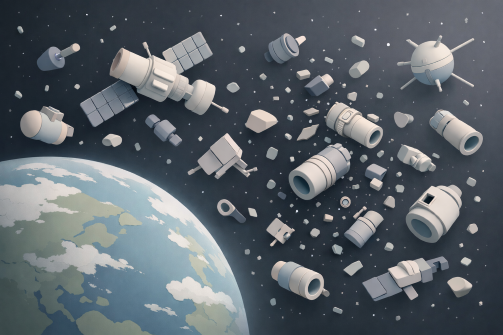 우주에 떠다니는 수 많은 우주 쓰레기를 표현했다.