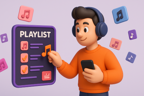 헤드셋을 쓴 사람이 음악을 들으며 playlist에 음표 모양 스티커를 붙이고 있다.