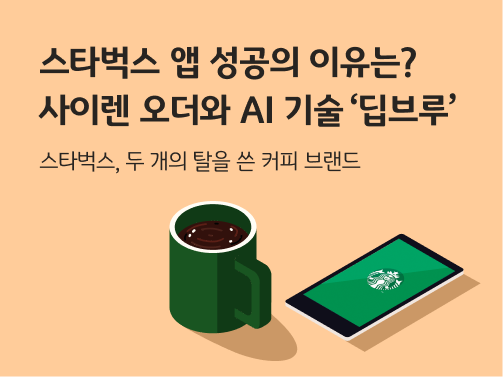 왼쪽에는 커피, 오른쪽에는 스타벅스 로고가 있는 스마트폰이 올려져있다.