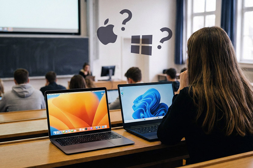 대학교 강의실에서 강의를 듣는 학생의 뒷모습. 앞에는 노트북 두 대가 펼쳐져 있고 애플 로고와 윈도우 로고와 함께 물음표 표시가 상단에 띄워져 있다. 