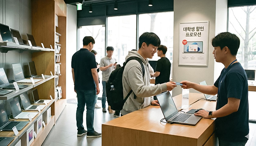 매장에서 노트북을 구매하는 학생들의 모습. 대학생 할인 프로모션 등 대학생 노트북 할인 구매 방법에 대한 설명을 돕는다.
