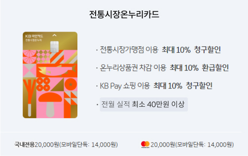 KB 전통시장 온누리카드에 대한 설명. 전월 실적 최소 40만원 이상일 때 전통시장가맹점 이용 최대 10% 청구할인, 온누리상품권 차감 이용 최대 10% 환급할인, KB Pay 쇼핑 이용 최대 10% 청구할인이 된다. 연회비는 국내전용 2만원(모바일 단독 14,000원)이다.