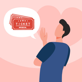 한 남성이 뮤지컬 티켓 옆에서 한 손을 들고 있습니다. 티켓을 사지 않겠다는 의사를 비추는 것으로 보입니다. 스타 캐스팅으로 인해 비싸진 뮤지컬 티켓 가격을 보여주는 모습입니다.