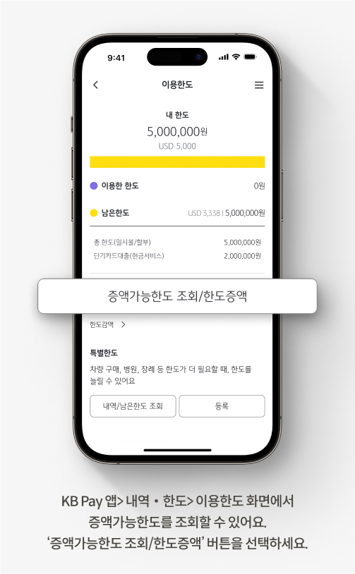 KB Pay 앱> 내역・한도> 이용한도 화면에서 증액가능한도를 조회할 수 있어요. ‘증액가능한도 조회/한도증액’ 버튼을 선택하세요.