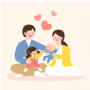 2025 다자녀 혜택 대상에 해당할 수 있는 두 자녀를 둔 행복한 가족이 앉아 함께 웃고 있는 모습, 하트 아이콘이 가족 간의 사랑을 나타낸다. 