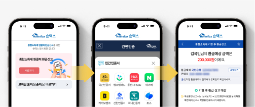 국세청 원클릭 환급신고 서비스를 신청하는 화면을 보여준다. 메인에 있는 바로가기 버튼을 누르고 간편인증을 하면 바로 확인 가능하다.