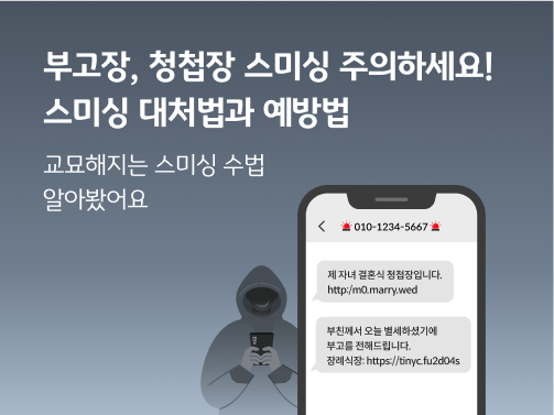 “부고장, 청첩장 스미싱 주의하세요! 스미싱 대처법과 예방법. 교묘해지는 스미싱 수법 알아봤어요” 제목 옆에 모바일 부고장, 청첩장 스미싱 문자가 있습니다. 스미싱 문자에는 “제 자녀 결혼식 청첩장입니다”, “부친께서 오늘 별세하셨기에 부고를 전해드립니다”라는 내용과 함께 출처를 알 수 없는 링크가 있습니다. 옆에는 사기범의 윤곽이 있습니다.