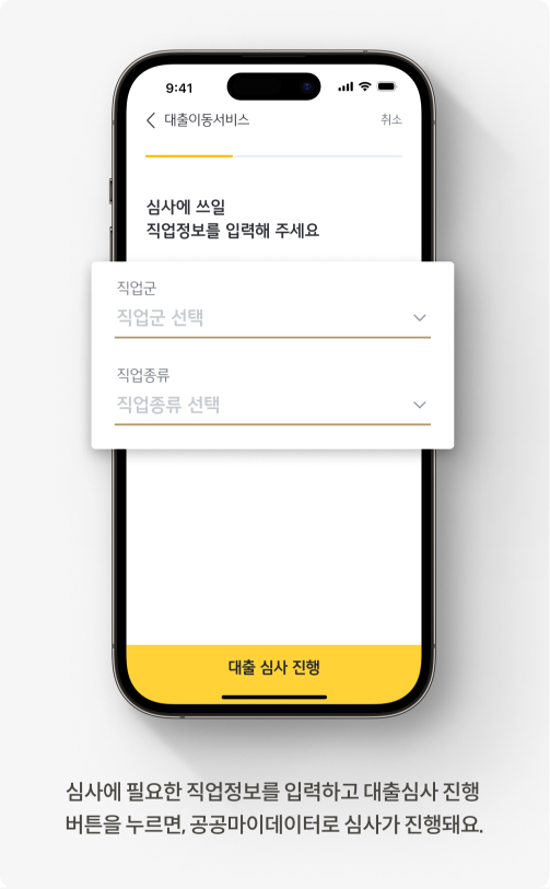심사에 필요한 직업정보를 입력하고 대출심사 진행 버튼을 누르면 공공마이데이터로 심사가 진행돼요.