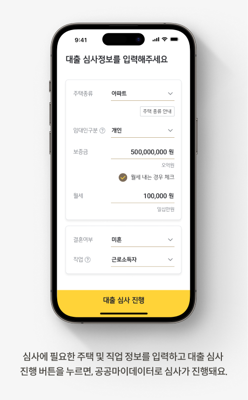심사에 필요한 주택 및 직업정보를 입력하고 대출심사 진행 버튼을 누르면 공공마이데이터로 심사가 진행돼요.