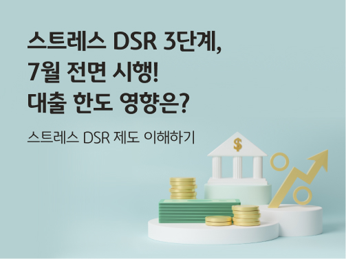 스트레스 DSR을 표현하기 위한 그림으로, 주택 모형과 동전, 상승그래프가 같이 놓여 있다.
