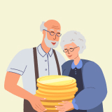 노부부가 연금저축으로 모은 노후자금인 동전 더미를 안고 있다.