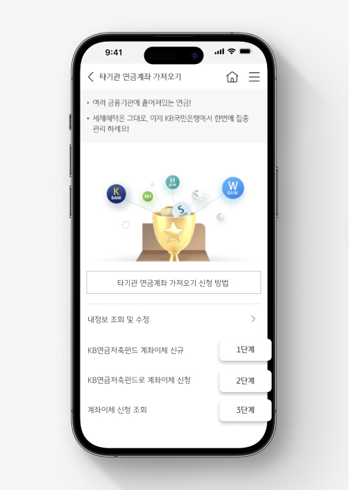 KB스타뱅킹의 '타기관 연금계좌 가져오기' 화면으로, 'KB연금저축펀드 계좌이체 신규', 'KB연금저축펀드로 계좌이체 신청', '계좌이체 신청 조회' 메뉴가 순서대로 나열되어 있으며, 각각 1단계, 2단계, 3단계로 표시되어 있다.