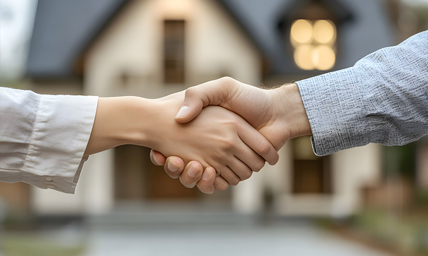 주택 모형 앞에 악수하는 사람의 모습이다.