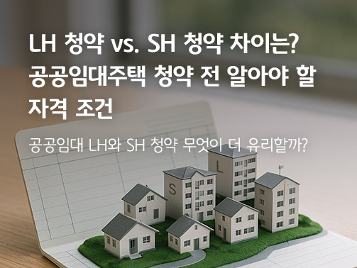 주택 모형이 여러 개 놓여 있고, LH 청약 vs. SH 청약 차이는? 공공임대주택 청약 조건 알아보기라는 타이틀이 적혀있다.