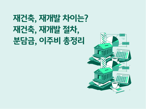 “재건축, 재개발 차이는? 재건축, 재개발 절차, 분담금, 이주비 총정리” 초록색 배경에 그리스 신전처럼 생긴 건물과 커피 한 잔, 연필 한 자루, 달력, 그래프 차트가 있습니다.