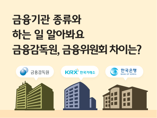 “금융기관 종류와 하는 일 알아봐요 | 금융감독원, 금융위원회 차이는?” 금융기관 건물이 3개 있습니다. 각 건물 위에 금융감독원, KRX 한국거래소, 한국은행 로고가 있습니다.