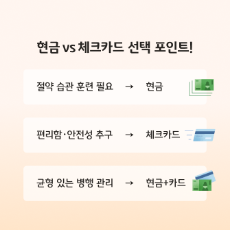 현금 vs 카드 더 좋은 선택은? 카드 뉴스로 현금 특징, 체크카드 특징,  차이점, 선택 팁 등의 정보가 담겨있다.