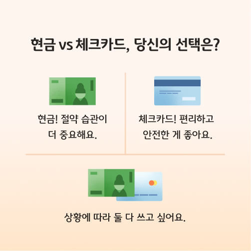 현금 vs 카드 더 좋은 선택은? 카드 뉴스로 현금 특징, 체크카드 특징,  차이점, 선택 팁 등의 정보가 담겨있다.