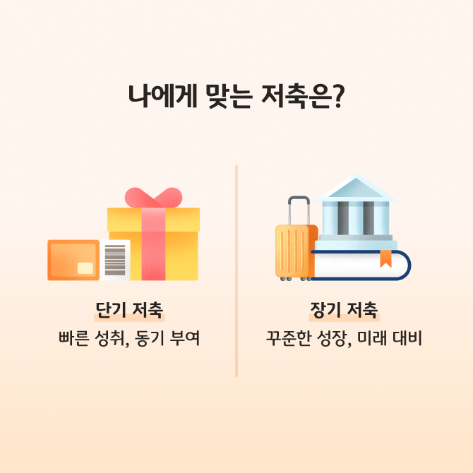 단기 저축과 장기 저축의 개념과 장단점을 설명하는 카드뉴스이다. 금고와 지폐 등 저축을 상징하는 일러스트로 구성되어있다.