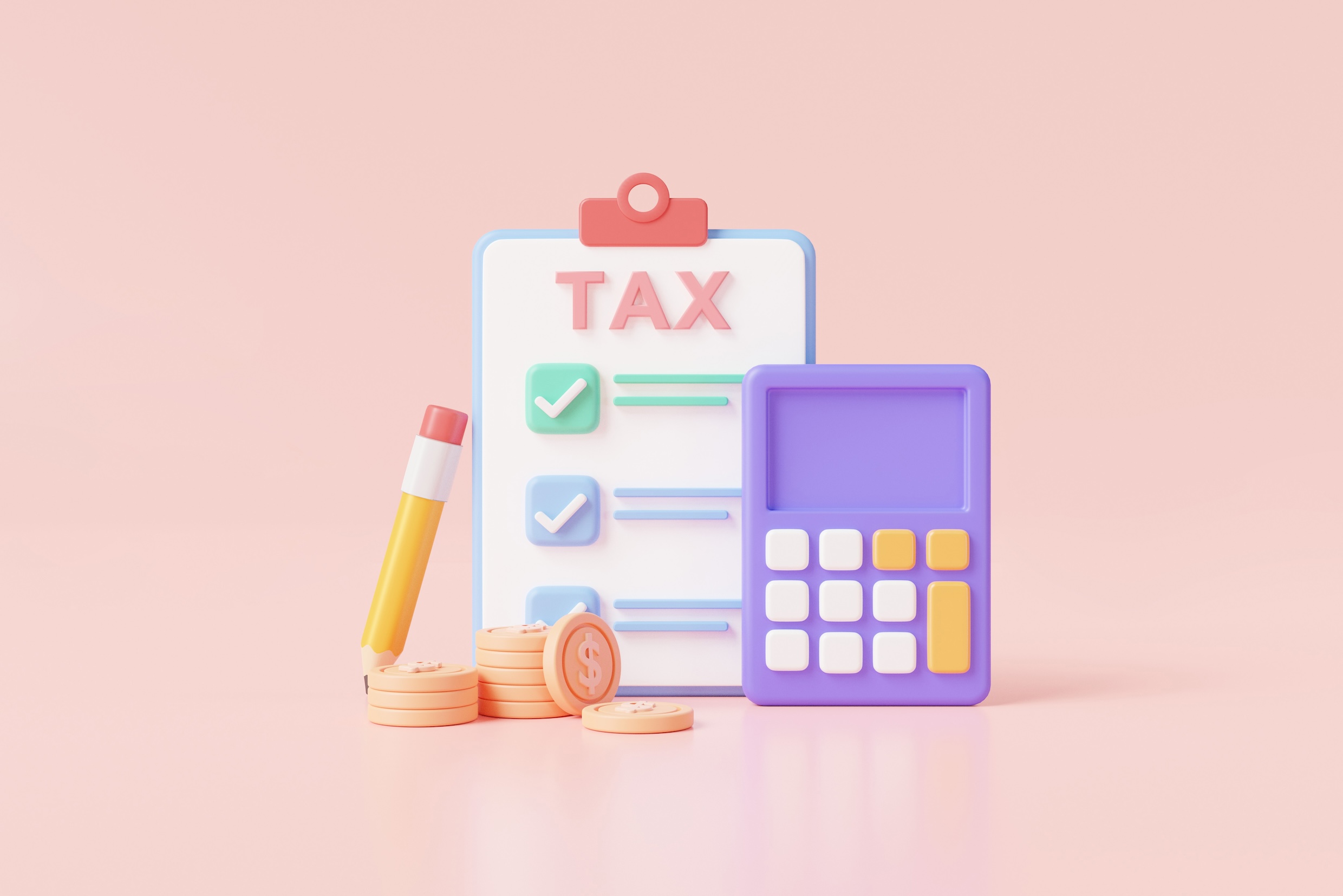 세금(TAX) 체크리스트, 계산기, 연필, 동전이 놓여있다. 청소년을 위한 세금 개념을 시각적으로 표현했다.