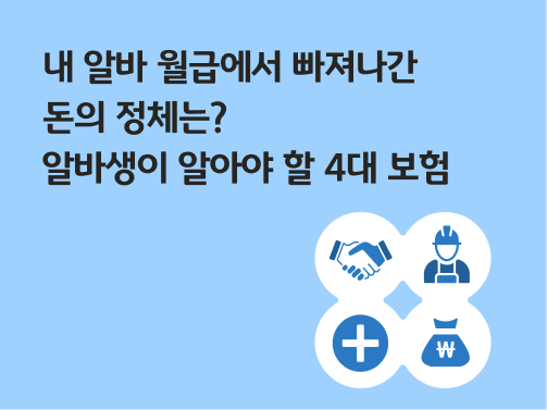 “내 알바 월급에서 빠져나간 돈의 정체는? 알바생이 알아야 할 사회보험” 악수하는 손, 안전모를 쓴 실루엣, 병원 십자가, 돈주머니가 있습니다. 각각 4대보험 중 고용보험, 산재보험, 건강보험, 국민연금을 상징합니다.