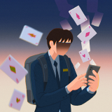 교복을 입은 한 학생이 스마트폰을 들여다보고 있습니다. 학생의 양옆에는 카드 여러 장이 떨어지고 있습니다.