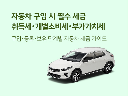 밝은 민트색 바탕 위에 놓인 자동차의 비스듬한 측면 모습과 함께 자동차 구입 시 필수 세금 | 취득세·개별소비세·부가가치세 글씨가 적혀있다.