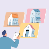 주택담보대출 연말정산 소득공제 내용을 보조하는 이미지. 여러 개의 집을 보며  서류에 체크하는 듯한 사람의 모습.