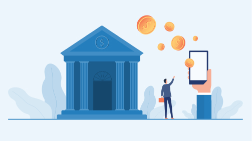 스마트폰으로 자동이체를 설정하는 남성과 은행 건물이 함께 보이는 일러스트.  스마트폰 화면에서 동전이 날아가며 국민은행 자동이체가 이루어지는 모습을 표현하고 있다.