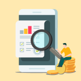 금화에 앉아 돋보기로 스마트폰 속 그래프와 체크 항목을 살펴보는 사람의 일러스트. 국민은행 자동이체 내용을 보조한다.