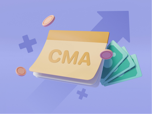 CMA 통장과 동전과 지폐가 나와 있는 일러스트이다.