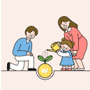 아빠와 엄마 사이에서 아이가 식물에 물을 주고 있다.