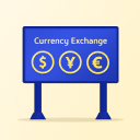 인천공항 환전 표지판이 있고, 표지판 안에는 영어로 환전을 뜻하는 Currency Exchange가 써져 있습니다. 밑에는 미국 달러, 일본 엔화, 유럽 유로화의 기호가 그려져 있습니다.