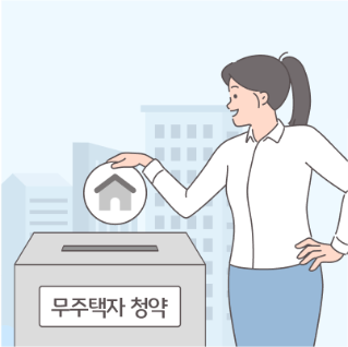한 여성이 무순위 청약이라고 적힌 박스에서 집을 뽑고 있는 모습입니다. 여성의 뒤편으로는 아파트들이 있습니다.