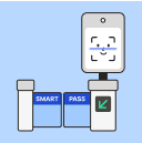 인천공항 스마트패스 게이트의 모습입니다. 양옆으로 열리는 게이트 유리창에 각각 "SMART", "PASS"라고 적혀 있습니다. 게이트 위에는 얼굴 인식 기계가 있으며, 하늘에는 비행기가 이륙하고 있습니다.